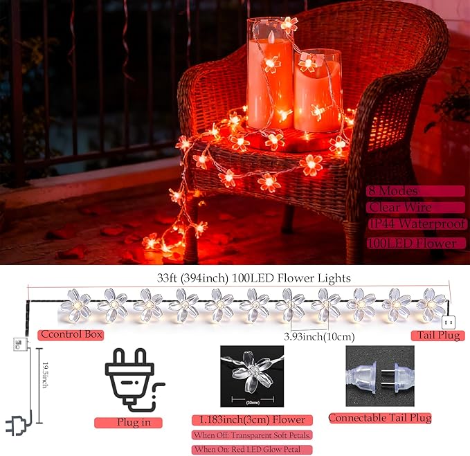 JACUXLSS Cherry Blossom Flower String Lights, 100 led 33 feet 8 Mode Plug in Fairy Lights for Valentine's Day, Wedding, Birthday Party, Christmas Easter Tree Hanging Decorations (Red)