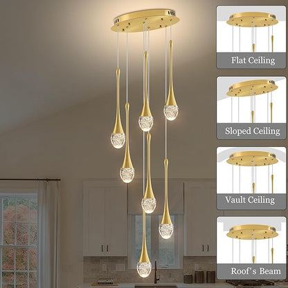 Modern Crystal Chandelier 7-Lights Gold, H60'' High Ceiling Spiral Dimmable LED Bubble Crystal Raindrop Light Fixture for Foyer Entryway Dining Room Remote Control