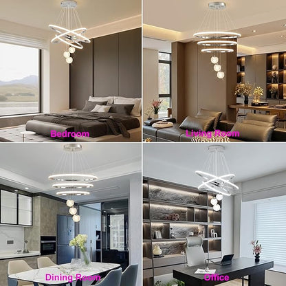 ORANOOR LED Modern 3 Ring Chandeliers for Dining Room, 24in Dimmable Kitchen Pendant Lamp, Silver Dining Room Light Fixtures Ceiling Hanging Over Table, Globe Round Chandeliers for Living Room, Chrome