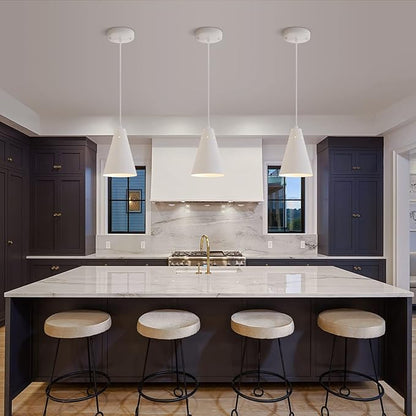 Dijiahua White Pendant Lights Kitchen Island,Dining Room Light Fixtures Over Table 3 Pack with Cone Metal Shade, Modern Farmhouse Mini Chandeliers,Adjustable Cord Hanging Lighting for Bar,Sink