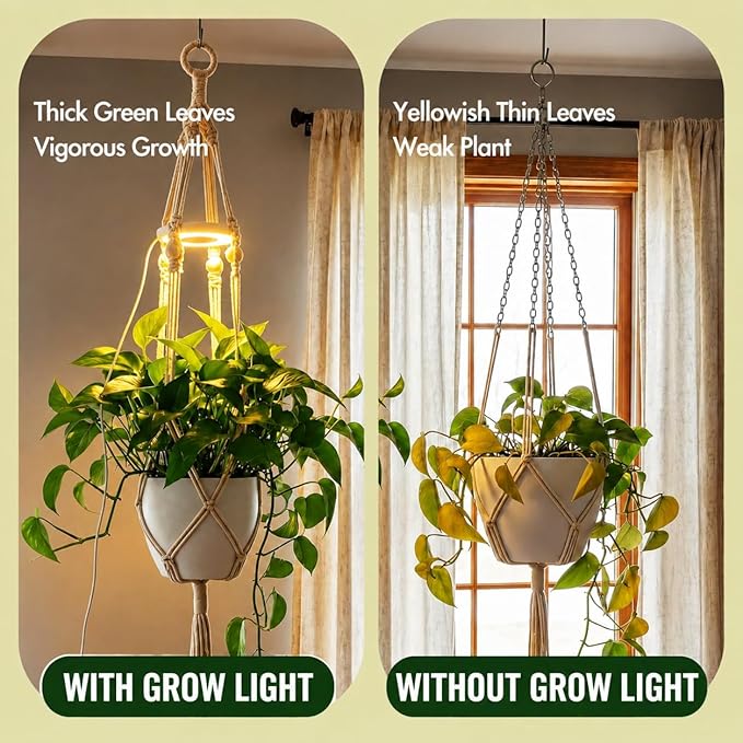 Hanging Plant Grow Lights for Indoor Plants with Timer, Wall Mounted Full Spectrum Pendant Growing Light with Macrame Plant Hanger, Ceiling LED Planta Luz for Potted Plants Home Decor
