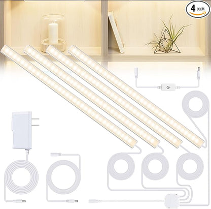 JUSJUBR Natural White 4 Pack Dimmable Shelf Lighting with Memory Function, 12 inch 4000K Bookshelf Lighting, LED Lights for Display Case/Pantry/Closet/Safe