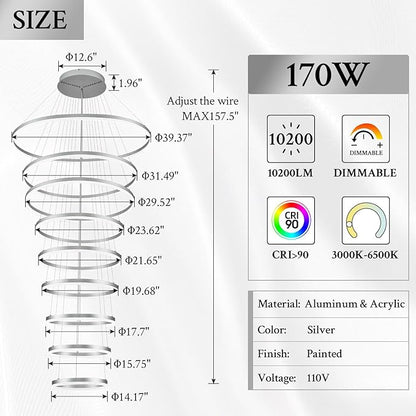 9-Rings D39.4’’ Modern LED Chandelier Silver Dimmable High Ceiling Foyer Chandeliers Entryway with Remote Control for Staircase Entryway Living Room Foyer, 3000K-6500K