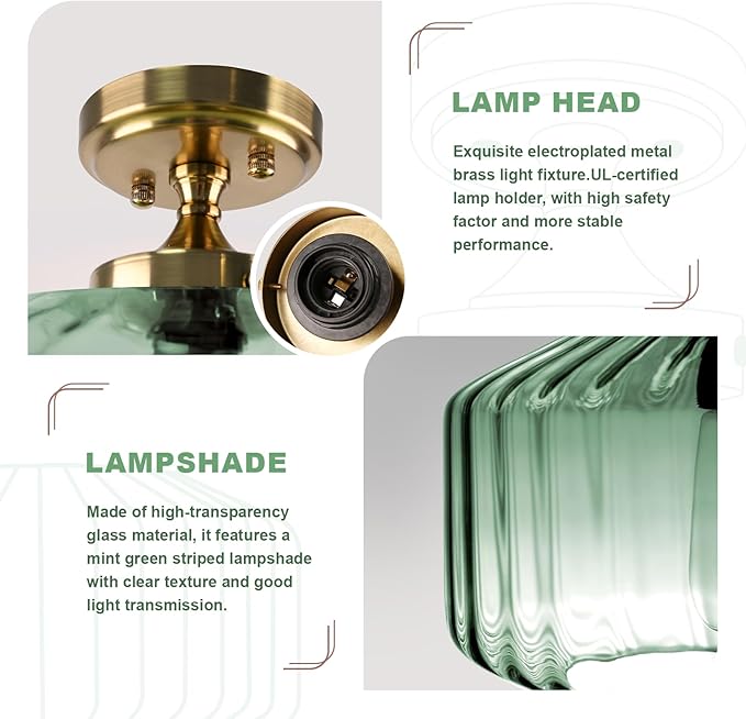 Mint Green Mid Century Modern Close-to-Ceiling Light 11.02" Vintage Flush Mount Light Fixture with Thickened Glass for Hallway, Kitchen, Corridor, Entryway Lighting