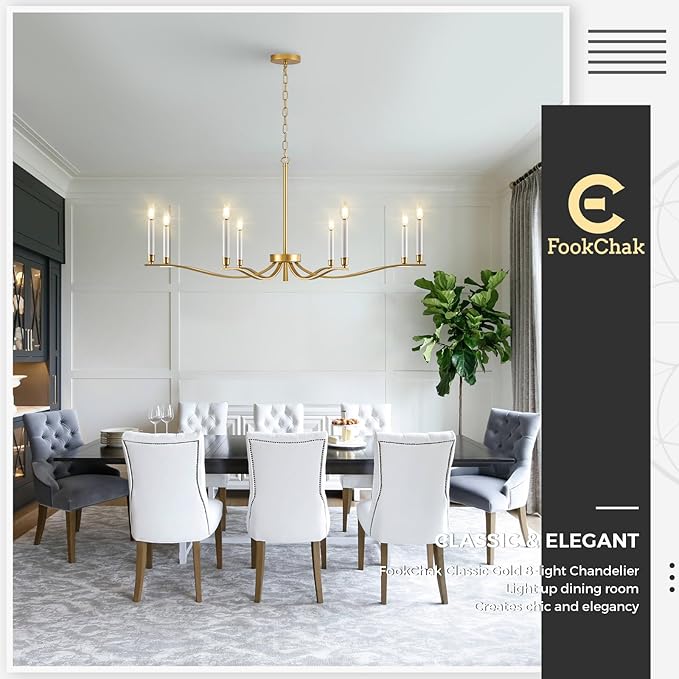 Gold Chandeliers for Dining Room, 8-Light Brass Chandelier Light Fixture Over Table Modern Candle Chandelier 44in Master Bedroom Chandeliers Lighting for Entry Foyer Bathtub Living Room