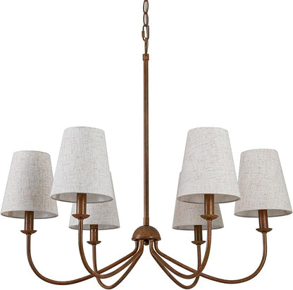 Chandelier, Retro Antique Brown with White Beige Fabric Shade, 6-Light 28" Country Rustic Farmhouse Linear Pendant Lighting Fixture for Kitchen Island Dining Living Room Bedroom