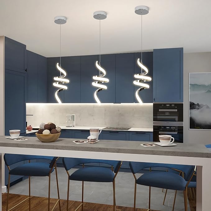 Modern Spiral LED Pendant Lights Kitchen Island, 22W Adjustable Height Hanging Light Fixture 5500K Chrome Chandelier for Dining Room Cafe Table, 3 Pack