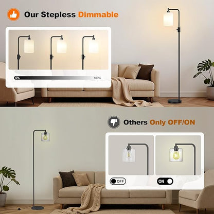 【Upgraded】Dimmable Floor Lamp for Living Room with Frosted White Glass Shade, Modern Industrial Floor Lamp with 900LM Bulb Included, Standing Tall Lamp for Bedroom, Office, Reading Room, Corner, Black