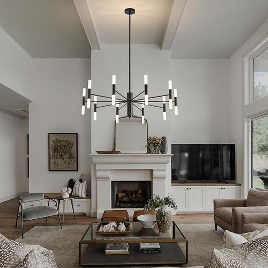 Black Modern Chandelier 20-Light, Large Farmhouse Round Candle Chandeliers with Acrylic Shades, 38.6" Dining Room Light Fixture for High Ceilings, Living Room, Foyer, Entryway, G9 Base