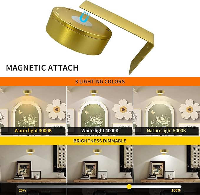 Arixinks Battery Picture Light 3Pack Gold,Wireless Painting Light with Remote,3 Lighting&Dimmable,Wall Art for Painting Accent Light &Timer for Pictures Frames Gallery Potrait Magnetic