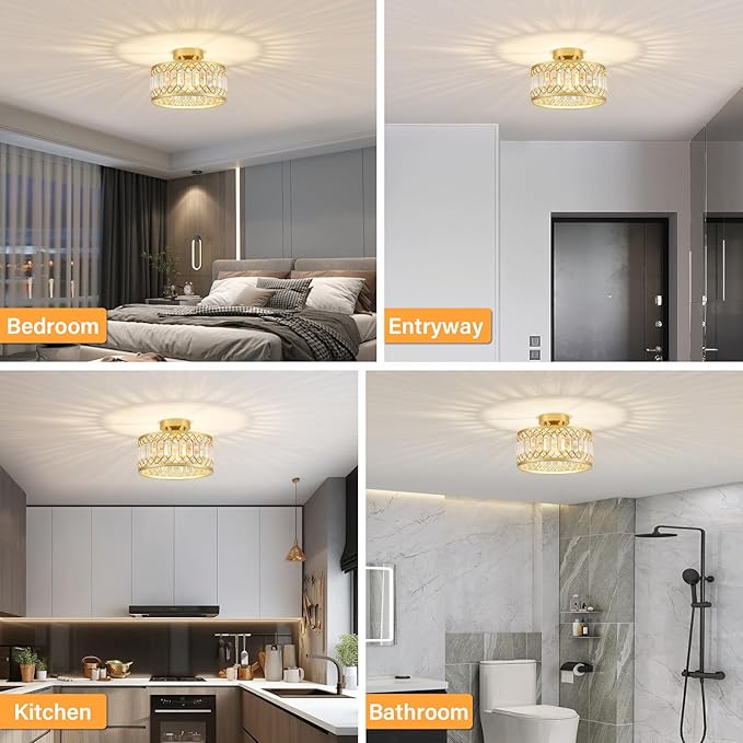 YURNYQ Crystal Ceiling Light Fixture, Modern Semi Flush Mount Ceiling Light, Gold Lighting Fixtures Ceiling Lamp for Hallway, Kitchen, Entryway, Bedroom, Laundry Room, 1-Light, 11.4 Inch