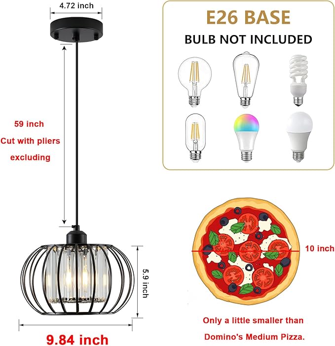 XSDeTu Black Pendant Light Fixture, Farmhouse Hanging Lights with Crystal, Adjustable Mini Kitchen Pendant Light, Modern Industrial Metal Wire Caged Hanging Pendant Lamp for Living Room, Bedroom