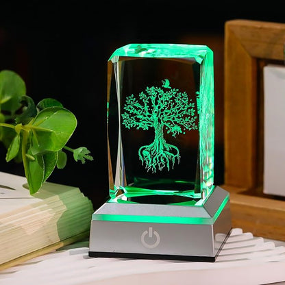 Tree of Life Crystal Cube - 3D Laser Engraved Color Changing LED Light Base | Premium Home Desk Decor, Spiritual Gifts for Women Men, Night Light & Paperweight