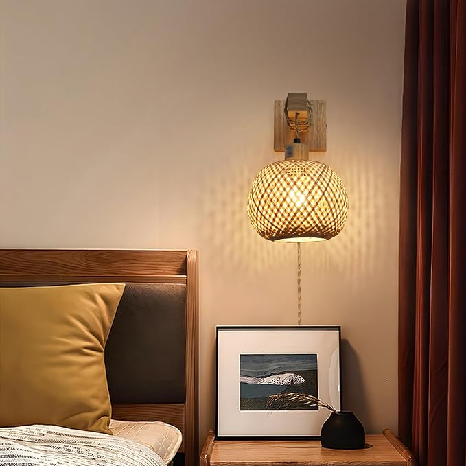 Boho Hanging Wall Light Plug in,Vintage Farmhouse Wall Sconces Set of Two with Rattan Shade for Bedroom Living Room-White