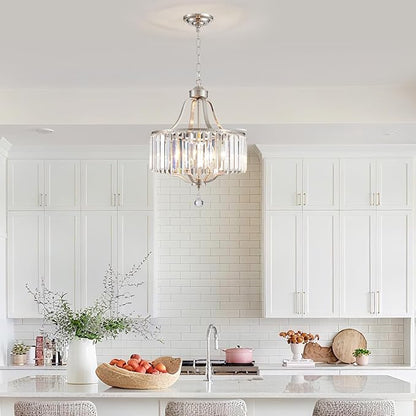 Modern Crystal Chandeliers Round 4-Light Large Brushed Nickel Pendant Lighting Fixture for Dining Room Living Room Kitchen Island Bedroom Hallway Hall Foyer, 15.7"