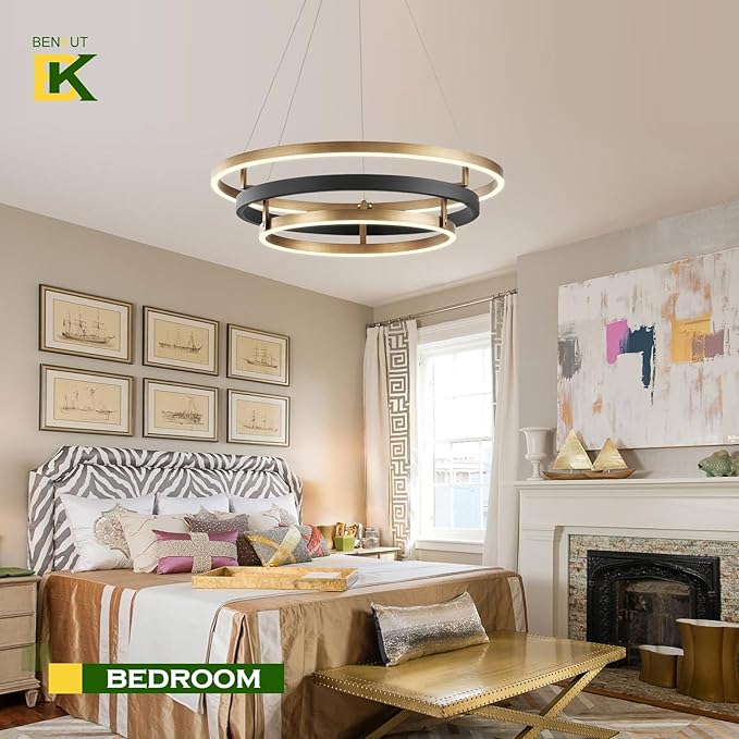 Benkut Modern LED Chandelier Black Gold Dimmable 3 Ring Pendant Light for Dining Room, Kitchen Chandelier Circular with Remote Control Flush Mount High Ceiling Light for Living Room, 3000K-6500K