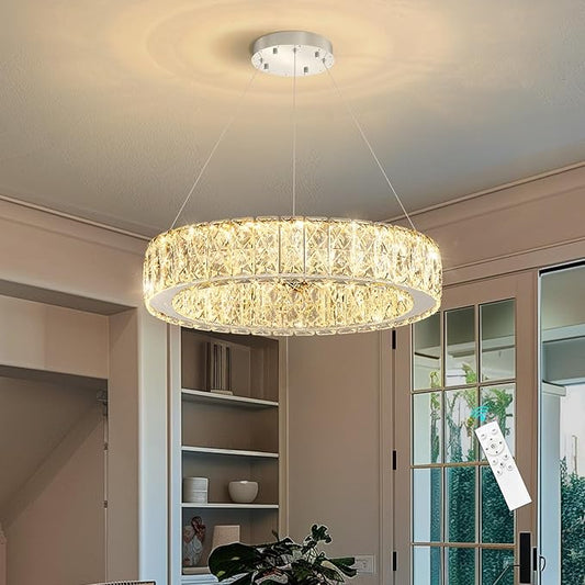 Modern Crystal Chandelier 15W LED Dimmable Lighting Fixture Adjustable Round Pendant Light for Dining Room Living Room Kitchen Bedroom Silver