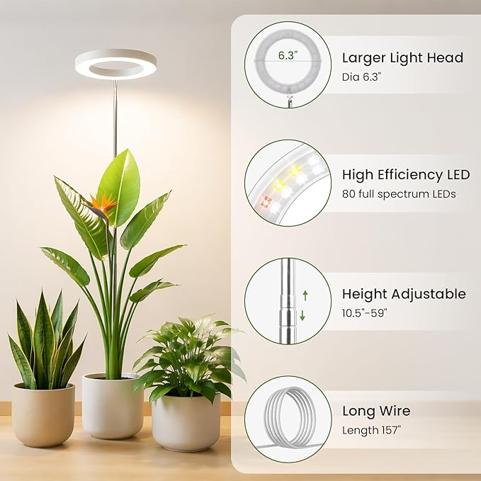 LBW Grow Lights for Indoor Plants, 6.3" Full Spectrum Plant Light with Base, 59" Height Adjustable Grow Lamp, 6/8/12/16H Auto Timer, 3 Color, 5 Dimmable Level, for Tall Large Plants, White, 2 Pack