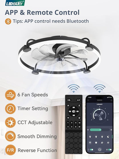 LEDIARY 2 Pack Ceiling Fans with Lights and Remote, 24'' Low Profile Ceiling Fan with Light, 3000-6000K Dimmable Fandelier LED Fan Light, 6 Wind Speeds, Black Flush Mount Ceiling Fan for Bedroom