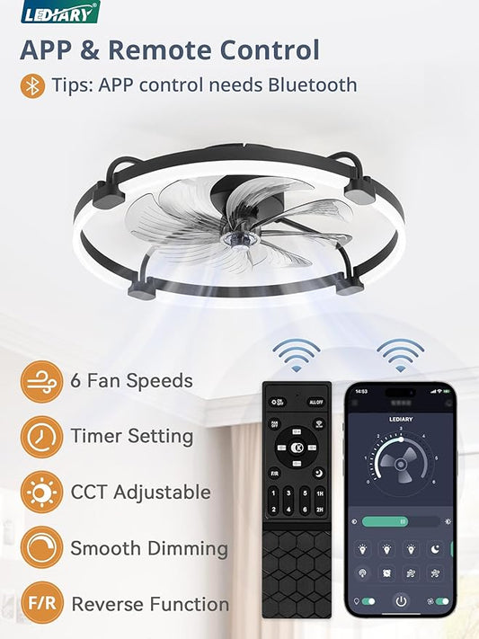 LEDIARY Ceiling Fans with Lights and Remote, 24'' Low Profile Ceiling Fan with Light, 3000-6000K Dimmable Fandelier LED Fan Light, 6 Wind Speeds, Black Modern Flush Mount Ceiling Fan for Bedroom