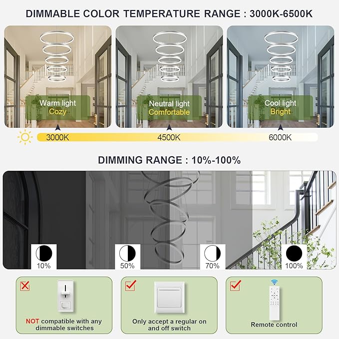 Benkut 5-Rings Modern LED Chandelier Silver High Ceiling Chandelier with Remote Control Dimmable Pendant Lighting for Dining Room Foyer Living Room Entryway Staircase(3000K-6500K, D23.6in)