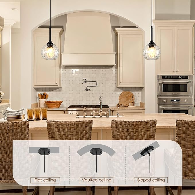 Glass Pendant Lights Kitchen Island: 5.91'' 2-Pack 1-Light Hammered Glass Pendant Light with Black Finish - Modern Minimalist Hanging Light Fixture for Kitchen Sink Dining Room Bathroom
