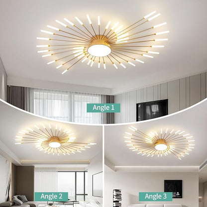 ziidoo Modern Ceiling Light, 42+1 Lights Metal Firework Designed Chic Led Lighting Fixture for Farmhouse Kitchen Dining Room Bedroom Hallway Living Room (Gold and Dark Gold)