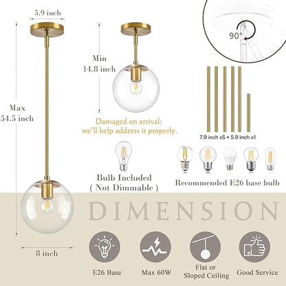 Bagood 8" Globe Pendant Light Gold 2 Pack Mid Century Pendant Light Globe Pendant Lights Kitchen Island Brushed Brass Finished with Clear Glass Adjustable Ceiling Light Fixtures for Dining Room Bar