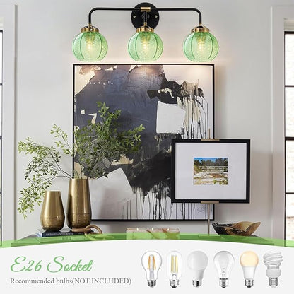 Bathroom Light Fixtures Vanity Wall 3-Light Coastal Vanity Lights Emerald Green Vintage Wall Lamp with Glass Globe Shade Modern Glass Wall Vanity Lighting for Mirror Kitchen Cabinet