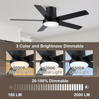 52 Inch Ceiling Fans with Lights and Remote, Flush Mount Black Ceiling Fan for Bedroom Living Room Indoor/Outdoor, Quiet 6 Speed Reversible DC Motor, 3CCT, Dual Color 5 Blades, ETL Listed