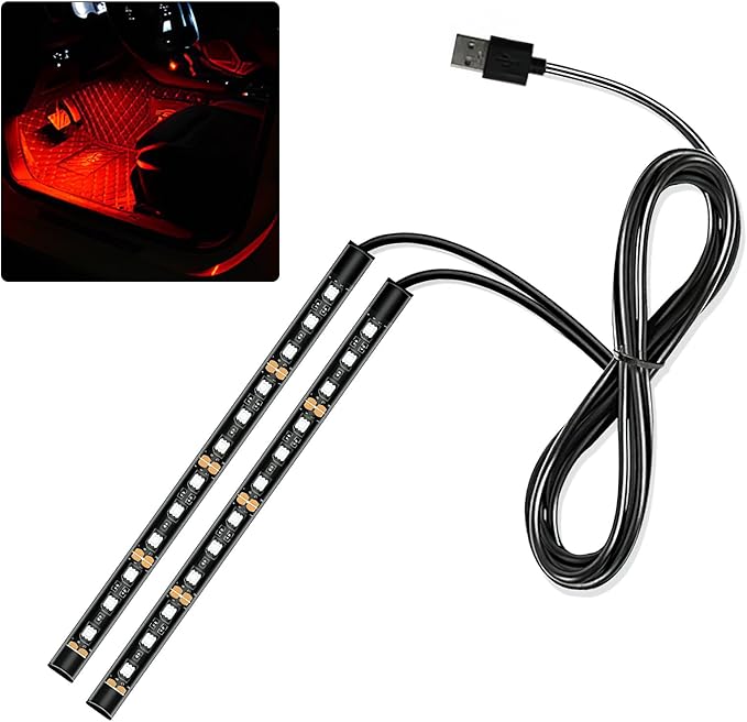 Car LED Strip Light, 12V 24 LED Interior Atmosphere Lights Under Dash Ambient Night Light, Universal Auto Interior Decorative Lamp with USB Port, Truck SUV Car Accessories (Red, USB)