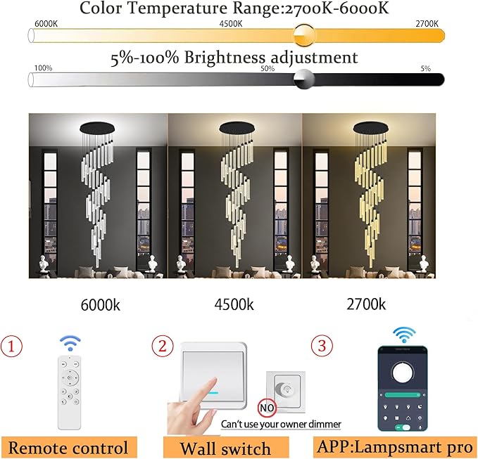 200'' Long Crystal Column Chandelier Black 36-Light Extra Large Staircase Chandelier High Ceiling Dimmable LED Ceiling Lighting Foyer Entryway Light Source is Replaceable