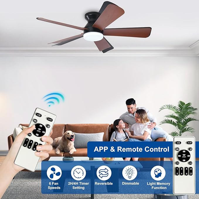 42-Inch Ceiling Fans with Lights: Walnut Low Profile Ceiling Fan with Light and Remote Control - Reversible Flush Mount Fans - 3CCT Dimmable Small Ceiling Fan for Bedroom Indoor/Outdoor Use