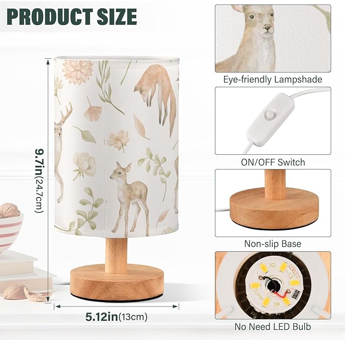 Bedside Table Lamp Woodland Animals Nightstand Lamp with Wood Forest Deer Fox Floral Leaves Desk Lamps for Bedroom Living Room Nursery Office Home Decor