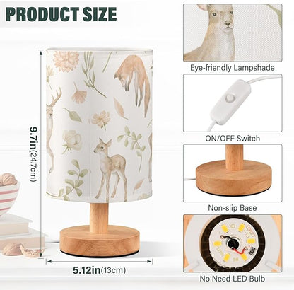 Bedside Table Lamp Woodland Animals Nightstand Lamp with Wood Forest Deer Fox Floral Leaves Desk Lamps for Bedroom Living Room Nursery Office Home Decor