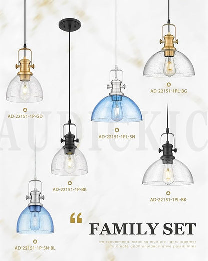 2 Pack Pendant Lights Kitchen Island, 7.5" Black Pendant Lighting with Clear Seeded Glass Shade, Farmhouse Hanging Light Fixtures for Dining Room, AD-22151-1P2-BK