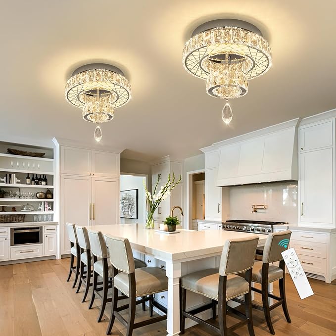 HAIXIANG Modern Glam Ceiling Chandelier Bedroom Light Fixtures Crystal Flat Sloping Ceiling Lights for Hallway Kitchen Dining Room Dimmable Light with Remote Silver