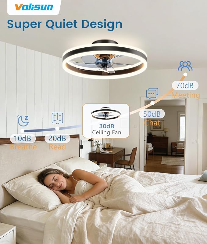 VOLISUN Low Profile Ceiling Fans with Lights and Remote, 20in Flush Mount Ceiling Fans with Light, 3000K-6500K Dimmable Fandelier LED Fan Light, Black Bladeless Ceiling Fans with Lights for Bedroom