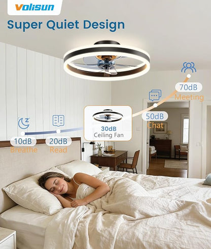 VOLISUN Low Profile Ceiling Fans with Lights and Remote, 20in Flush Mount Ceiling Fans with Light, 3000K-6500K Dimmable Fandelier LED Fan Light, Black Bladeless Ceiling Fans with Lights for Bedroom