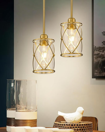 Brushed Gold Pendant Lights Kitchen Island, 2 Pack Brass Glass Pendant Light Fixture Farmhouse Cage Hanging Lighting with Rod for Kitchen Island Sink Bathroom, CH9176BG-2PKG