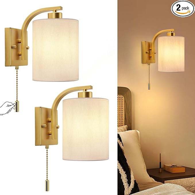 Lightess Wall Sconces with Pull Chain,Vintage Hardwired Pull Cord Wall Light Fixture with on Off Switch,Indoor Wall Lamp for Hallway Bedroom Living Room,Set of Two Gold (Bulbs Not Included)