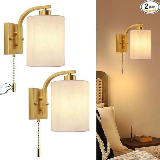 Lightess Wall Sconces with Pull Chain,Vintage Hardwired Pull Cord Wall Light Fixture with on Off Switch,Indoor Wall Lamp for Hallway Bedroom Living Room,Set of Two Gold (Bulbs Not Included)