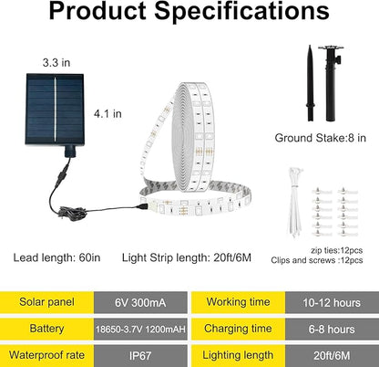 Upgrade Solar Led Strip Lights Outdoor, 20ft Solar Rope Lights Self-Adhesive Waterproof, 8 Mode with Remote Timer and Auto On/Off, Perfect for Deck, Patio, Poolside, Camping Decor, Blue
