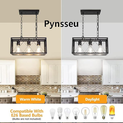 Pynsseu Industrial Kitchen Island Pendant Lighting, Rectangular Vintage Rustic 3-Light Hanging Pendant Light Fixtures for Kitchen Farmhouse, Bar, Dinning Room