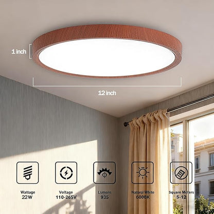 12 Inch LED Wood Grain Flush Mount Ceiling Light Fixture, Modern 22W Round Flat Overhead 3000K-4000K-6000K Selectable Ceiling lamp for Bedroom, Living Room, Kitchen, Entryway