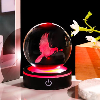 YWHL 3D Peace Dove Figurine Crystal Ball with Colorful Light Base, Dove Gifts for Women Men Best Friend on Christmas Birthday, Laser Engraved Glass Pigeon Statue Sphere for Home Decor(80mm)