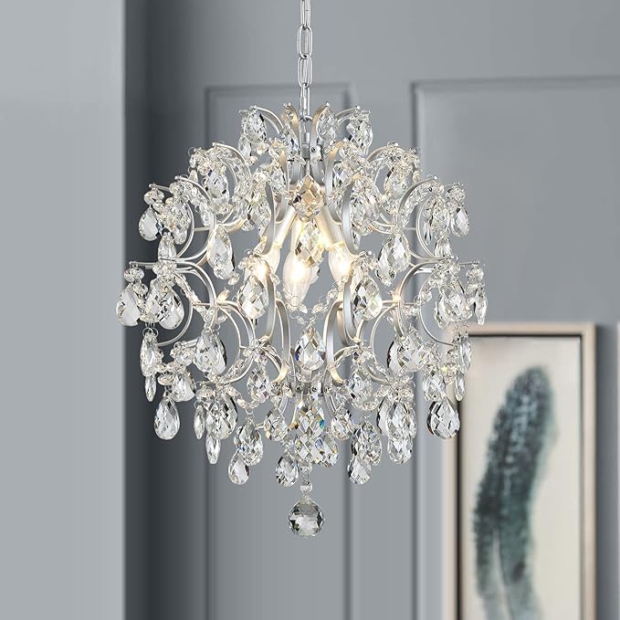 Bestier Chandelier Crystal Raindrop Lighting Ceiling Light Fixture Lamp for Dining Room Bathroom Bedroom Livingroom Entryway 3 E12 Bulbs Required D16 in x H18 in