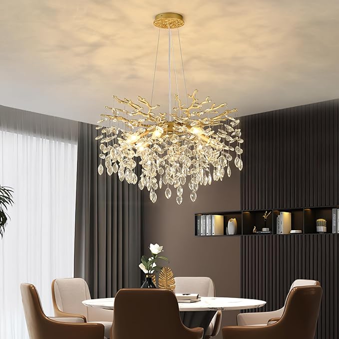 EGM Gold Crystal Chandelier, 24-Inch Modern Raindrop Light Fixtures 8-Light, Hanging Round Gold Dining Room Crystal Chandelier, Tree Branch Chandeliers for Bedroom Foyer E12