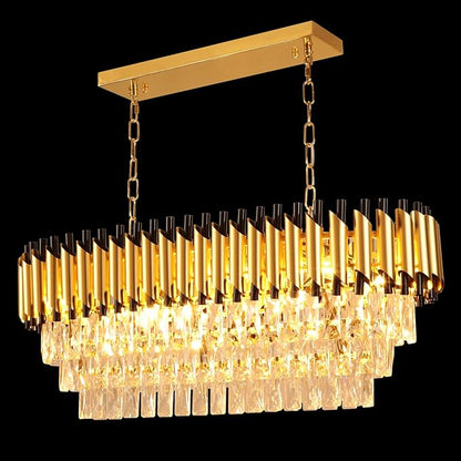Depuley 31" Crystal Rectangle Chandelier: 3-Tier Gold Glass Crystal Chandelier Island Light Fixtures for Dining Room - 8-Light Linear Pendant Light for Kitchen Island Included Bulbs