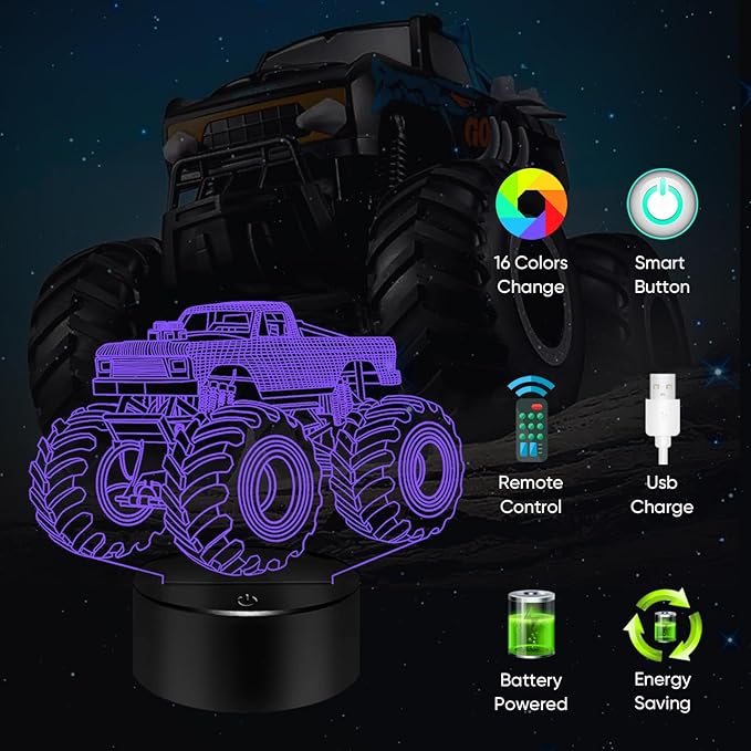 BASSI Monster Trucks Night Light for Boys, 3D LED Optical Illusion Lamp with Remote Control, 16 Colors Change Perfect Birthday Party Decor Idea for Boys, Kids, and Teens